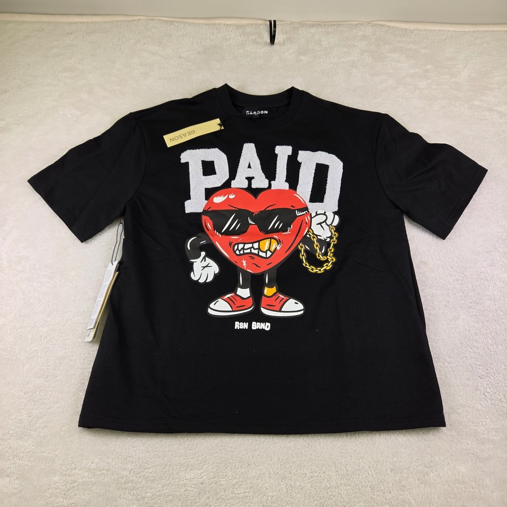 Reason Brand Mens Paid Heart Graphic T-Shirt Black Chenille Applique Size M NEW